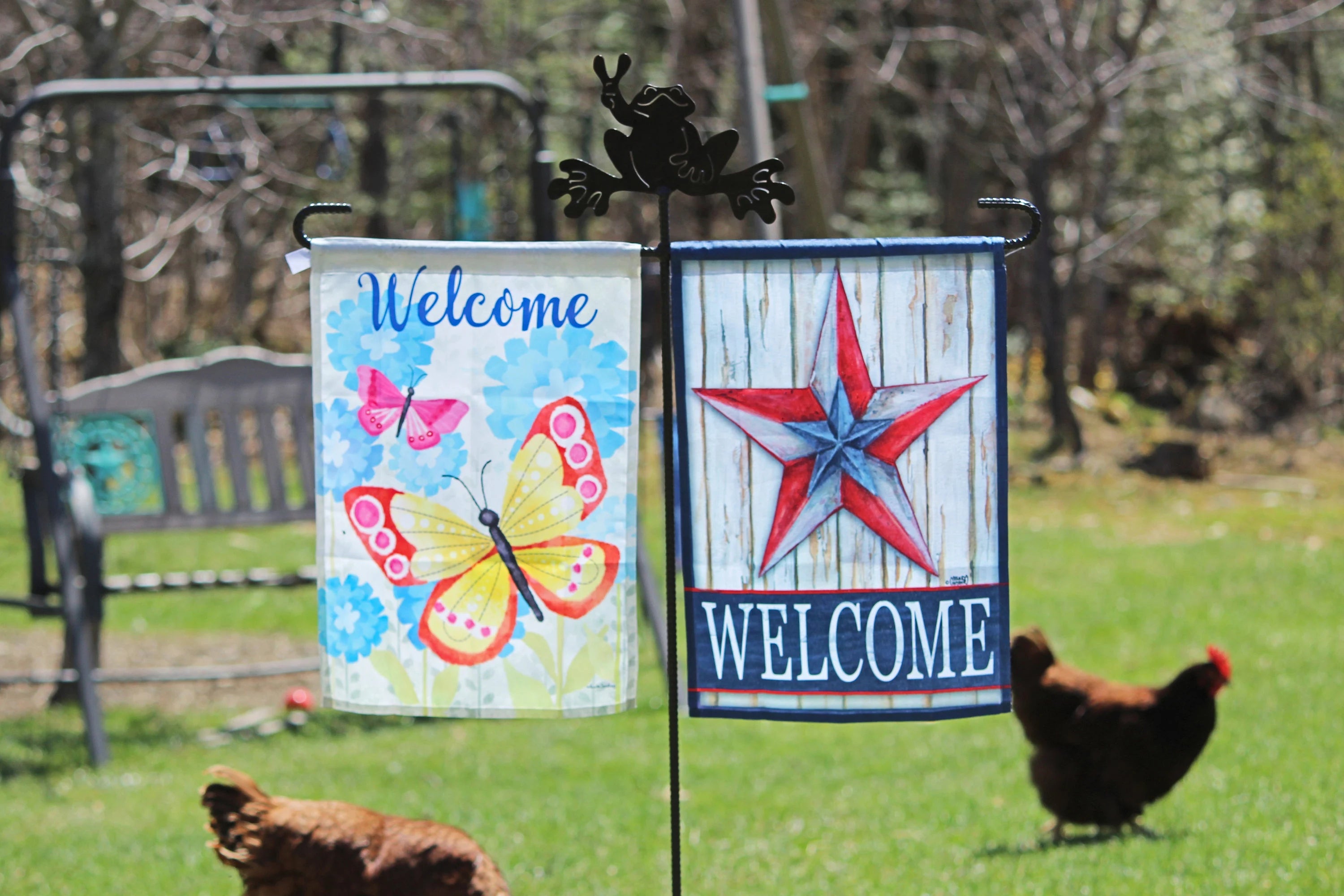 Frog Garden Flag Holder, Double Flag Holder, Summer Garden Flag, Peace Frog
