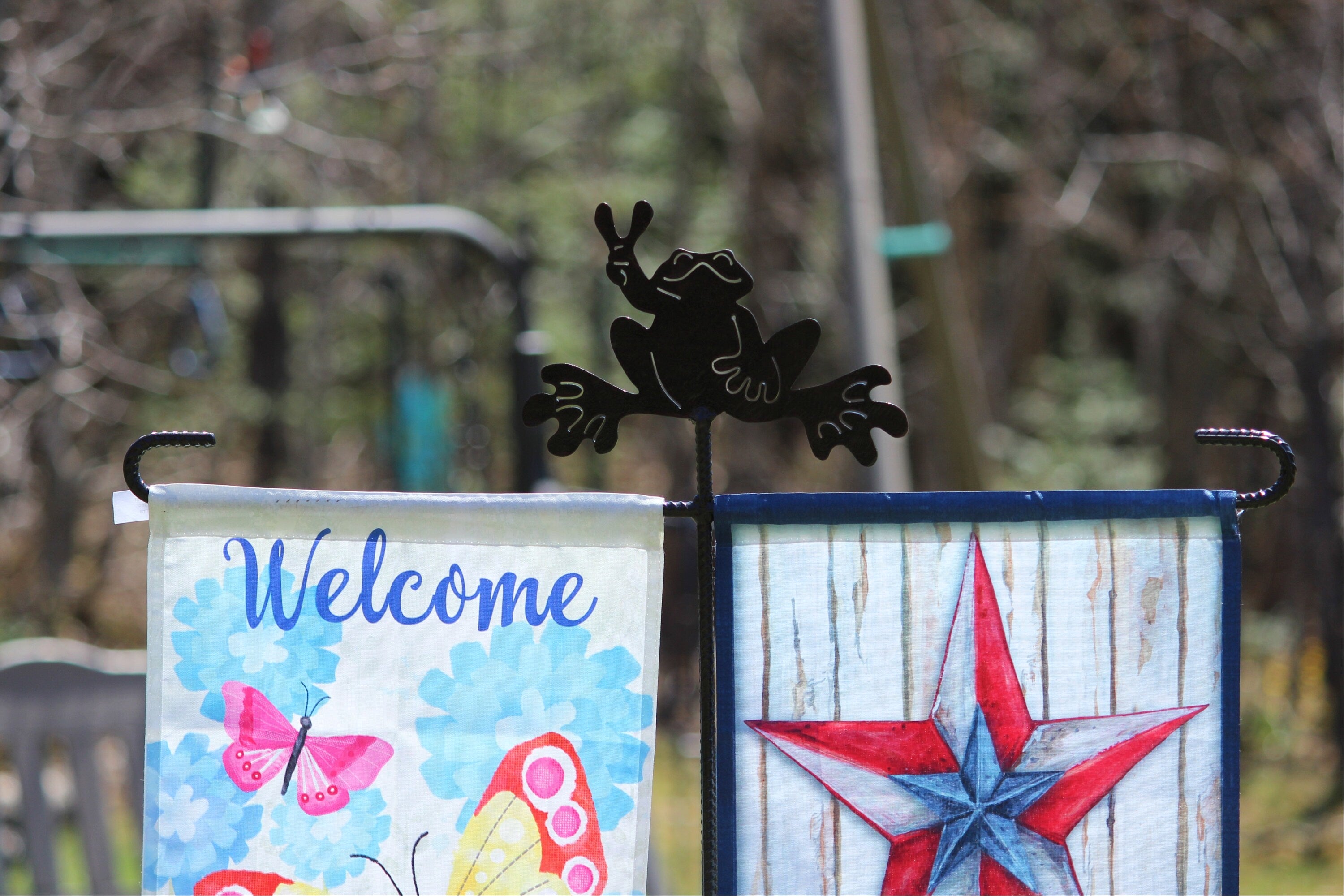 Frog Garden Flag Holder, Double Flag Holder, Summer Garden Flag, Peace Frog