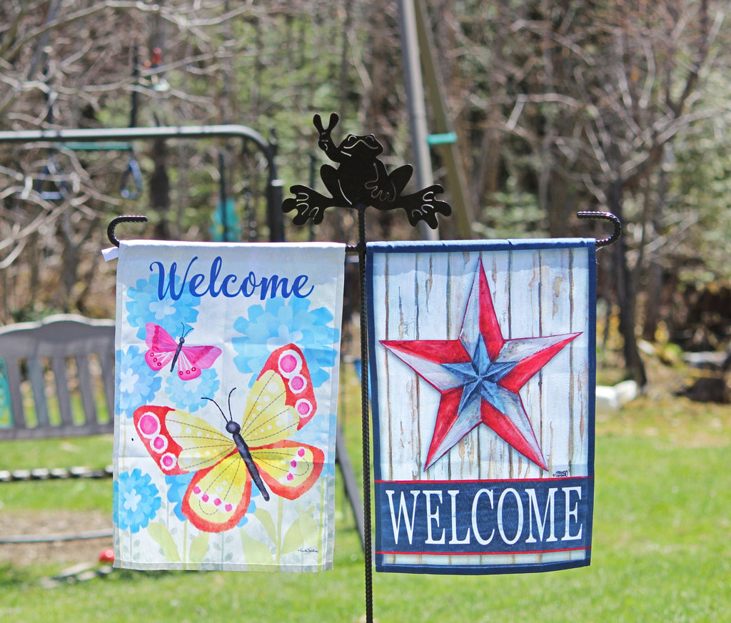 Frog Garden Flag Holder, Double Flag Holder, Summer Garden Flag, Peace Frog