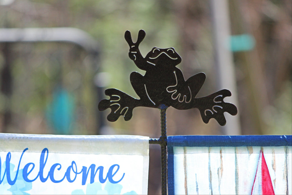 Frog Garden Flag Holder, Double Flag Holder, Summer Garden Flag, Peace Frog