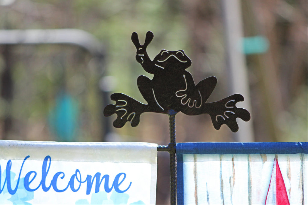 Frog Garden Flag Holder, Double Flag Holder, Summer Garden Flag, Peace Frog